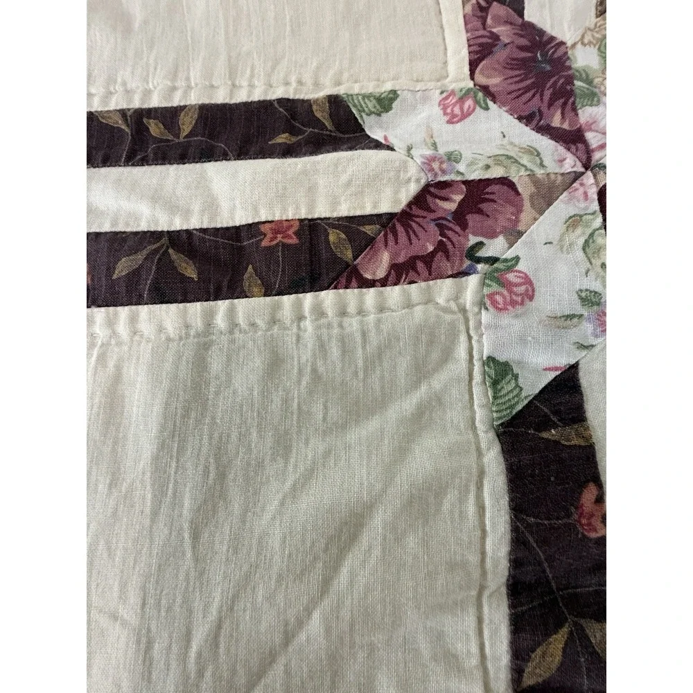 Handmade Patchwork Quilt 100x88 Burgundy Cream Floral Pinwheel Cottage Queen